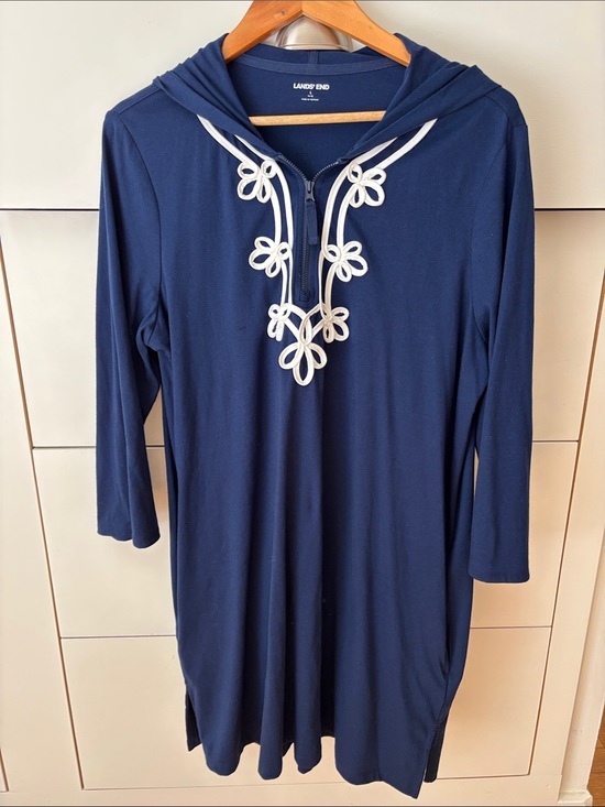 Lands' End Other - Lands' End Navy Hooded Tunic with White Loop Trim and Pockets Like New! Large 14